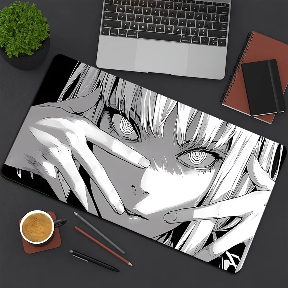 Black & White Manga Girl Gaming Mouse Pad, Non-Slip Office Desk Mat, Intense Spiral Eyes, Water-Resistant Keyboard Pad