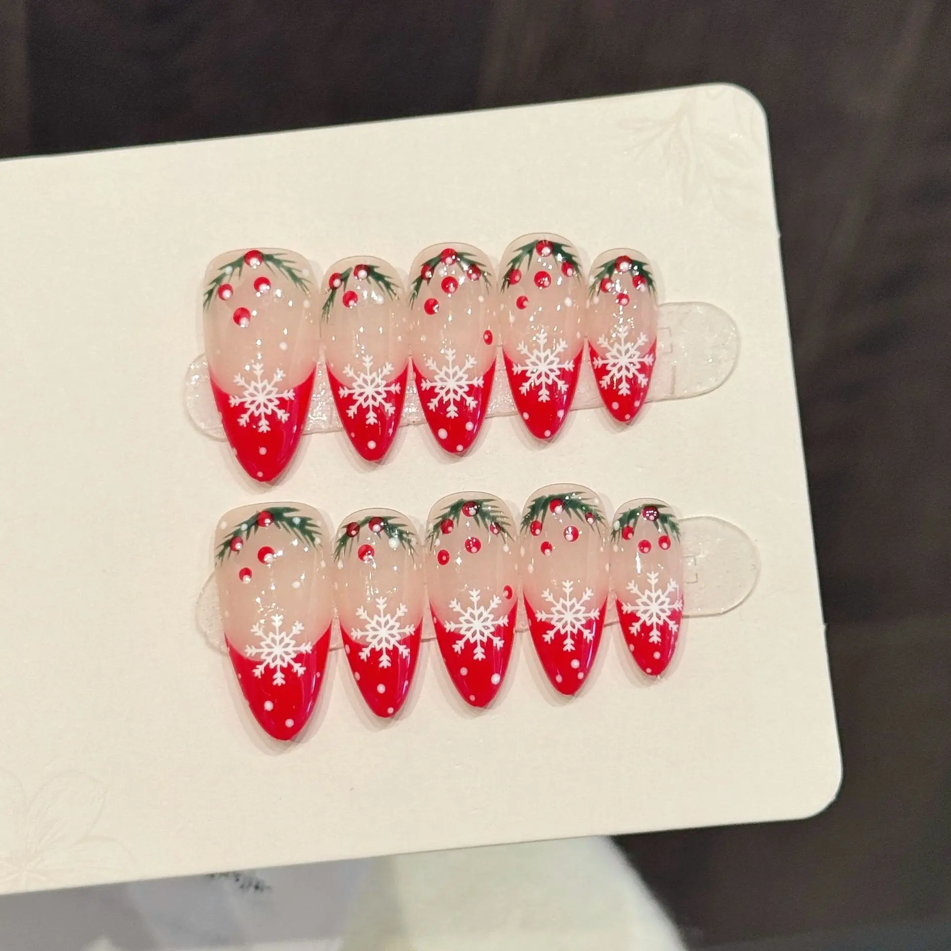 10 pièces de luxe à la main presse sur les ongles amande noël flocon de neige conception avec 3 pièces outil adhésif onglets de colle à ongles