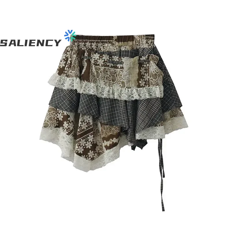 SALIENCY College Asymmetrical Skirt Women Summer Forest Vintage Plaid Patchwork Lace-Trim Floral Print Mini Skirt Female Saia