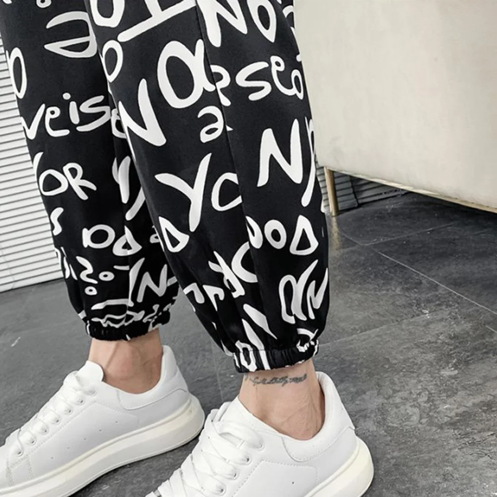 Mens Leggings Trendy Contrast Color Letter Print Pant Summer Casual Streetwear Personality Versatile Jogging Pants Men\'S Wear