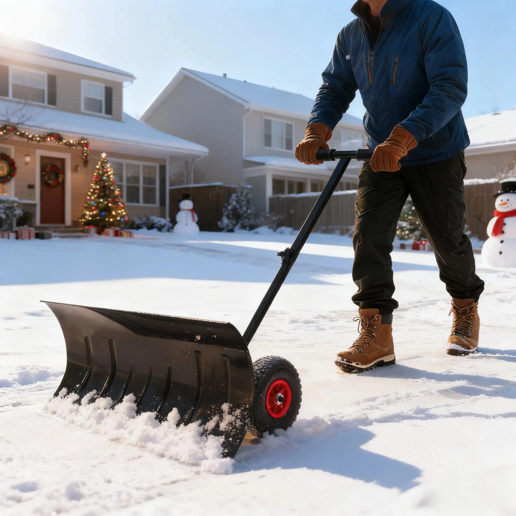 Wide Wheeled Snow Shovel – Heavy Duty Ergonomic Back-Saver Snow Pusher with Wheels for Driveway, Pavement & Yard Clearing