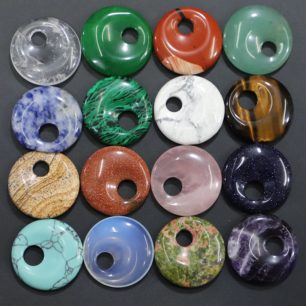 

30MM Natural Stone Safety Button Pendant Partial Hole Quartz Crystal Epidote Opal Turquoises Charms Necklace Jewelry Making 6Pcs