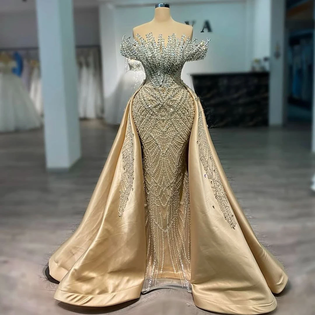 Luxury Champagne Beaded Mermaid Formal Party Reception Dress Customized With Detachable Train Robe Femmes Elégante Soiree