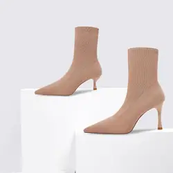 Size 33-41 Spring Skinny Boots Women's High-heeled Short Boots Knitted Pointed Socks Boots