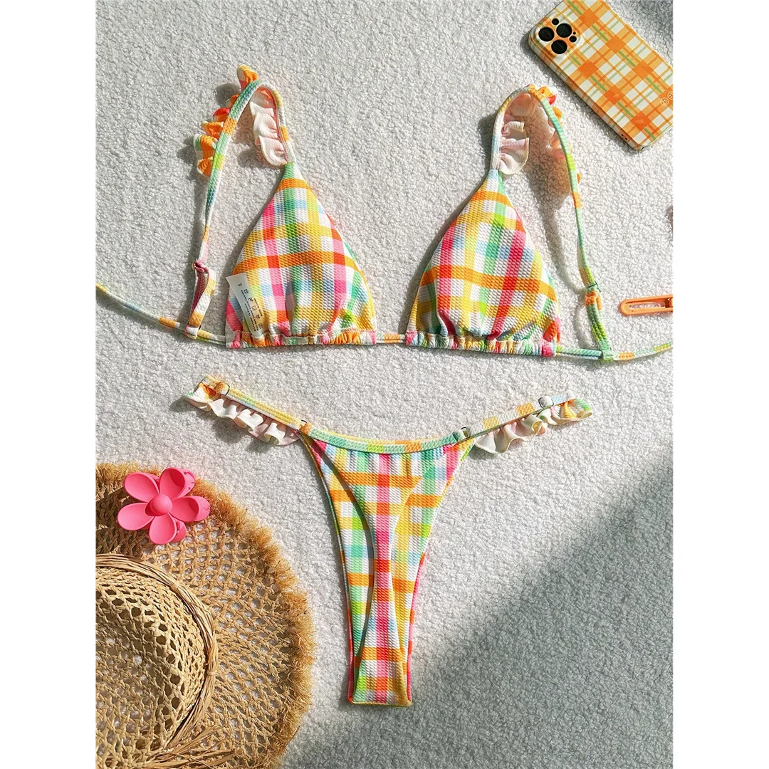 XS - L Bunter Karo-Rüschen-Tanga-Bikini, Damen-Badeanzug, zweiteiliger Bikini-Set, Badebekleidung, Badeanzug, Schwimmanzug V6974 – Detail 9