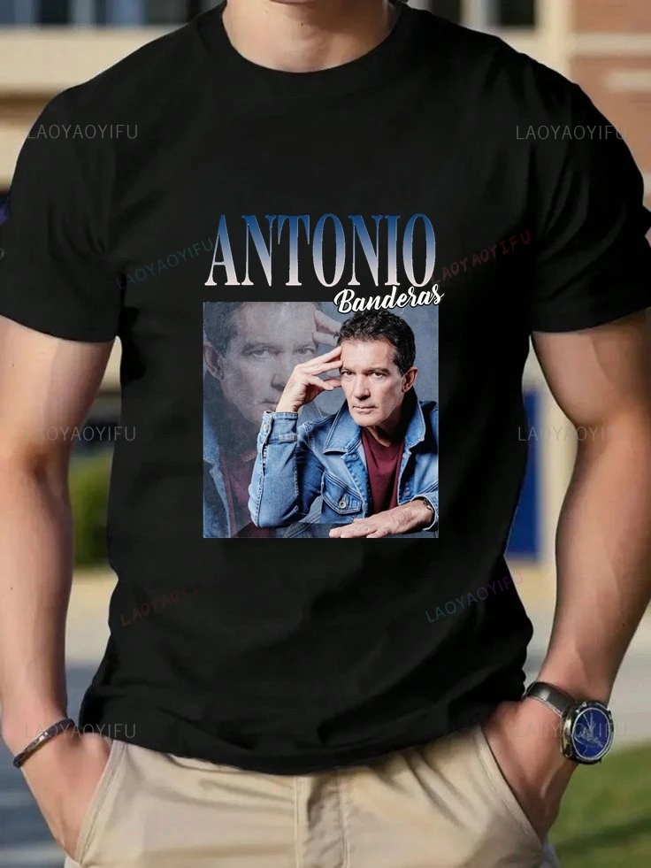 Classic Poster-printed T-shirt Featuring The Image of Renowned Spanish Actor Antonio Banderas, Made of Cotton Material