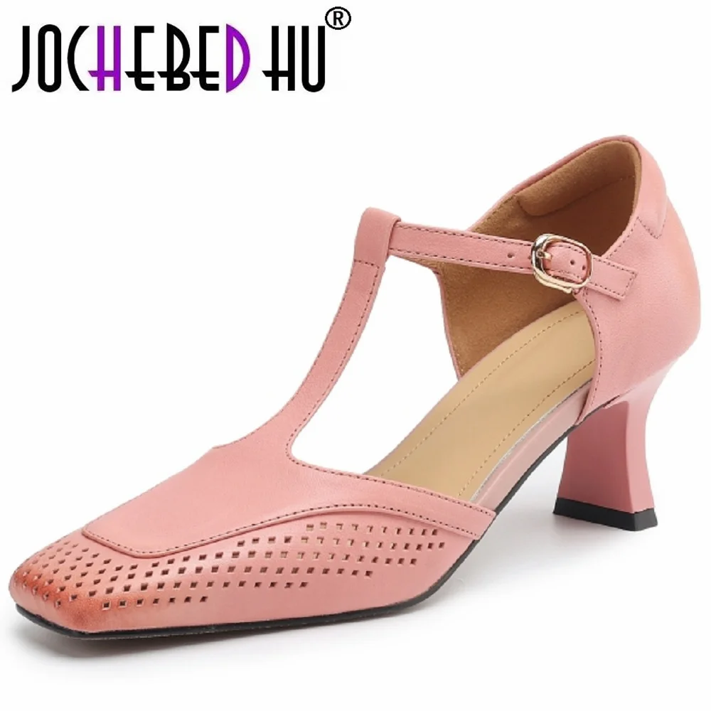 

【JOCHEBED HU】New Summer French Style T-Strap Genuine Leather Sandals Women Covered Toe High Heels Solid Color Party Dating 34-40