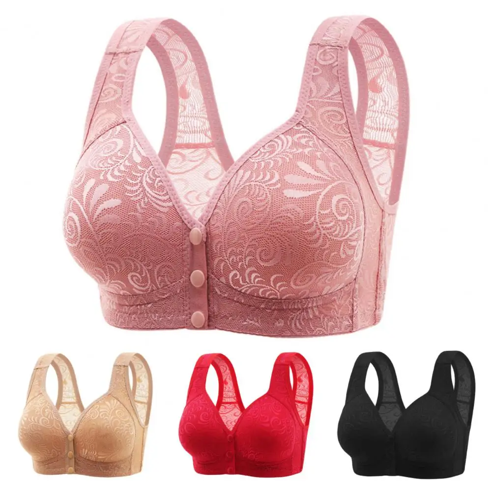 

Женский бюстгальтер среднего возраста, винтажный широкий бретель, полый кружевной бюстгальтер на пуговицах спереди, противоударный бюстгальтер для мамы пуш-ап
