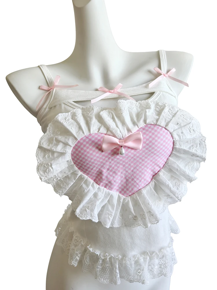

White Crop Top Women Summer Bows Decoration Lace Trim Pink Plaid Heart Shape Patch Lolita Style Cute Tops for Sweet Girls