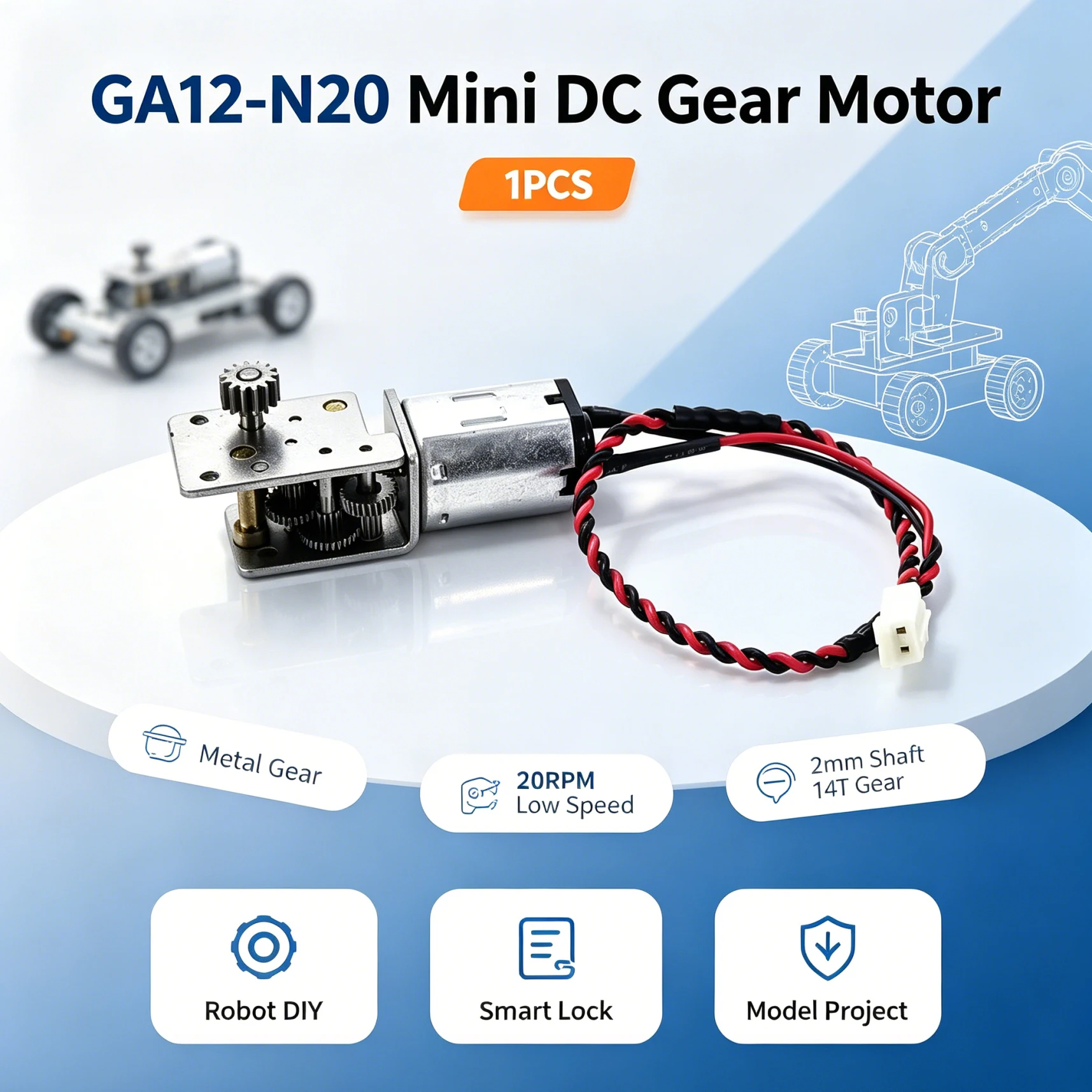GA12-N20 Mini DC Gear Motor DC3.7V 20RPM 2mm Shaft with 14T Gear 1.5V-5V High Torque Reduction Motor