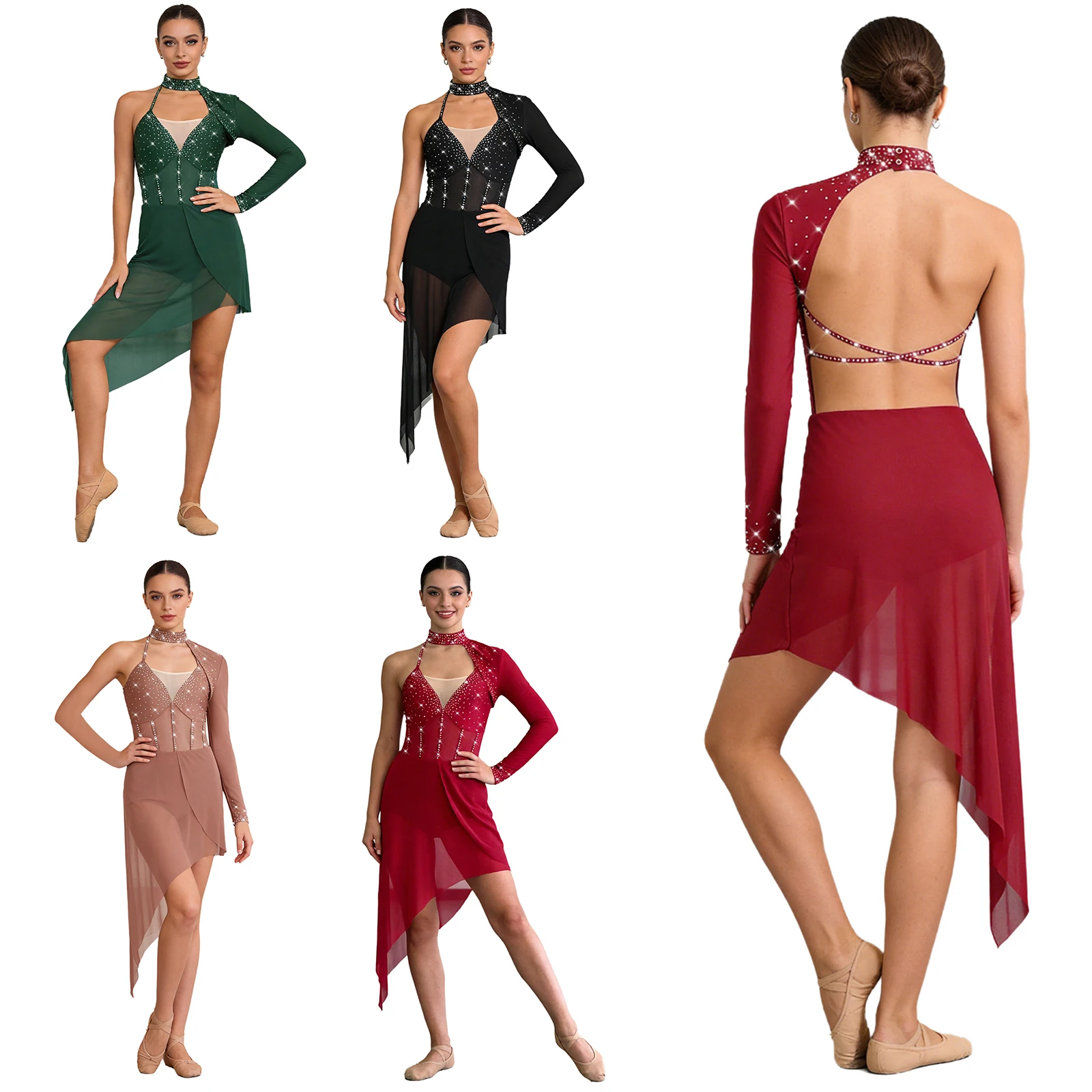 

Womens Lyrical Modern Dance Rhinestones Performance Bodysuit Dress Single Long Sleeve Strappy Mesh Hem Buttoned Crotch Dress