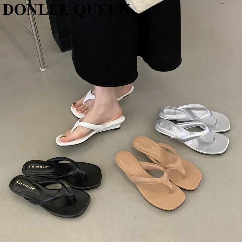 Fashion Clip Toe Wedges Low Heels Slippers Women Casual Narrow Band Sandals Brand Slide Slip On Beach Flip Flops Sandalias Mujer