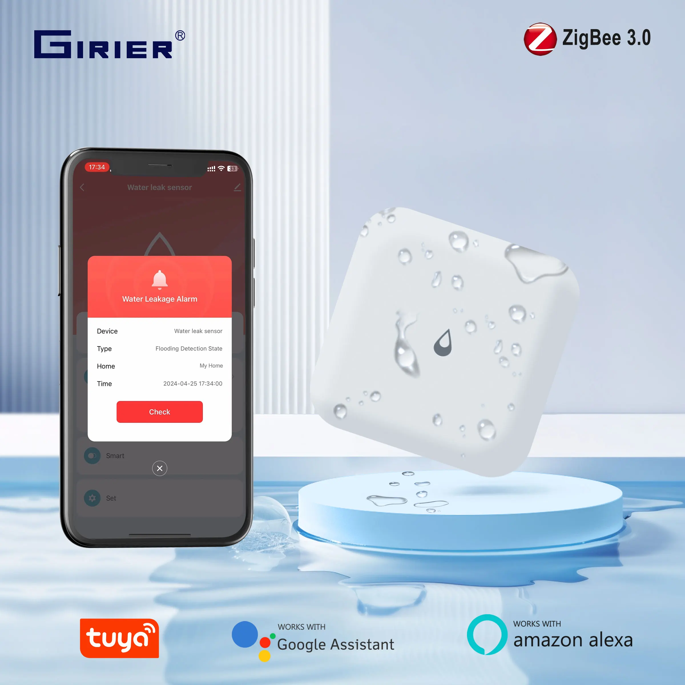 GIRIER-Tuya ZigBee Sensor de vazamento de água, Detector de vazamento inteligente, Alarme para segurança doméstica inteligente, IP66 à prova d\'água,