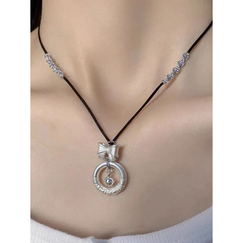 999Pure Silver Pendant Princess Butterfly Connected to Xiangyun Peace BucklediyBell Braid Rope Silver Plated Necklace Valentine'