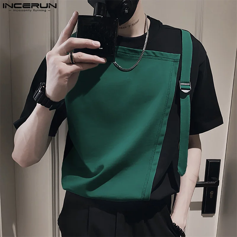 2024 Men T Shirt Patchwork O-neck Short Sleeve Streetwear Casual Men Clothing Loose Summer Fashion Male Tee Tops S-5XL INCERUN