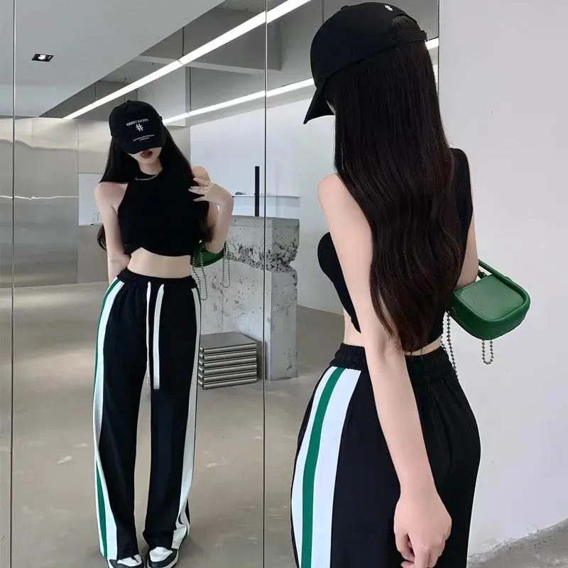 Large size casual leg tied black straight leg American work pants for spring and autumn women chubby mm small stature slim pants