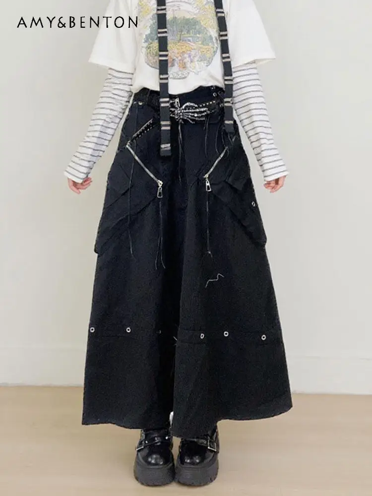 

Summer American Y2K Style Women Black High Waist Elastic Waist Loose Long Casual Cargo Skirt for Daily Streetwear