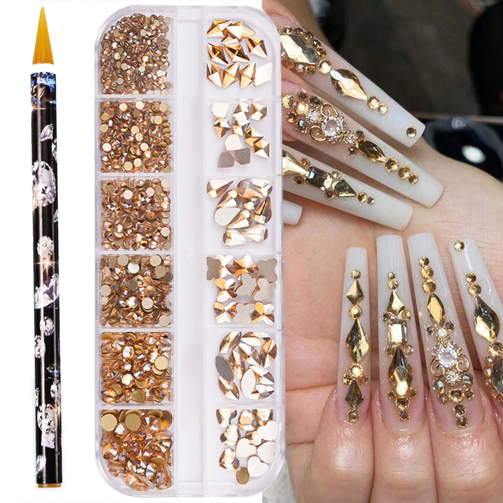 12 Griglie Champagne Nail Art Strass 2-6mm Flatback Vetro Gemme di cristallo Hotfix Nail Diamond 720/1000 pezzi Dimensioni miste Pendenti e ciondoli per unghie