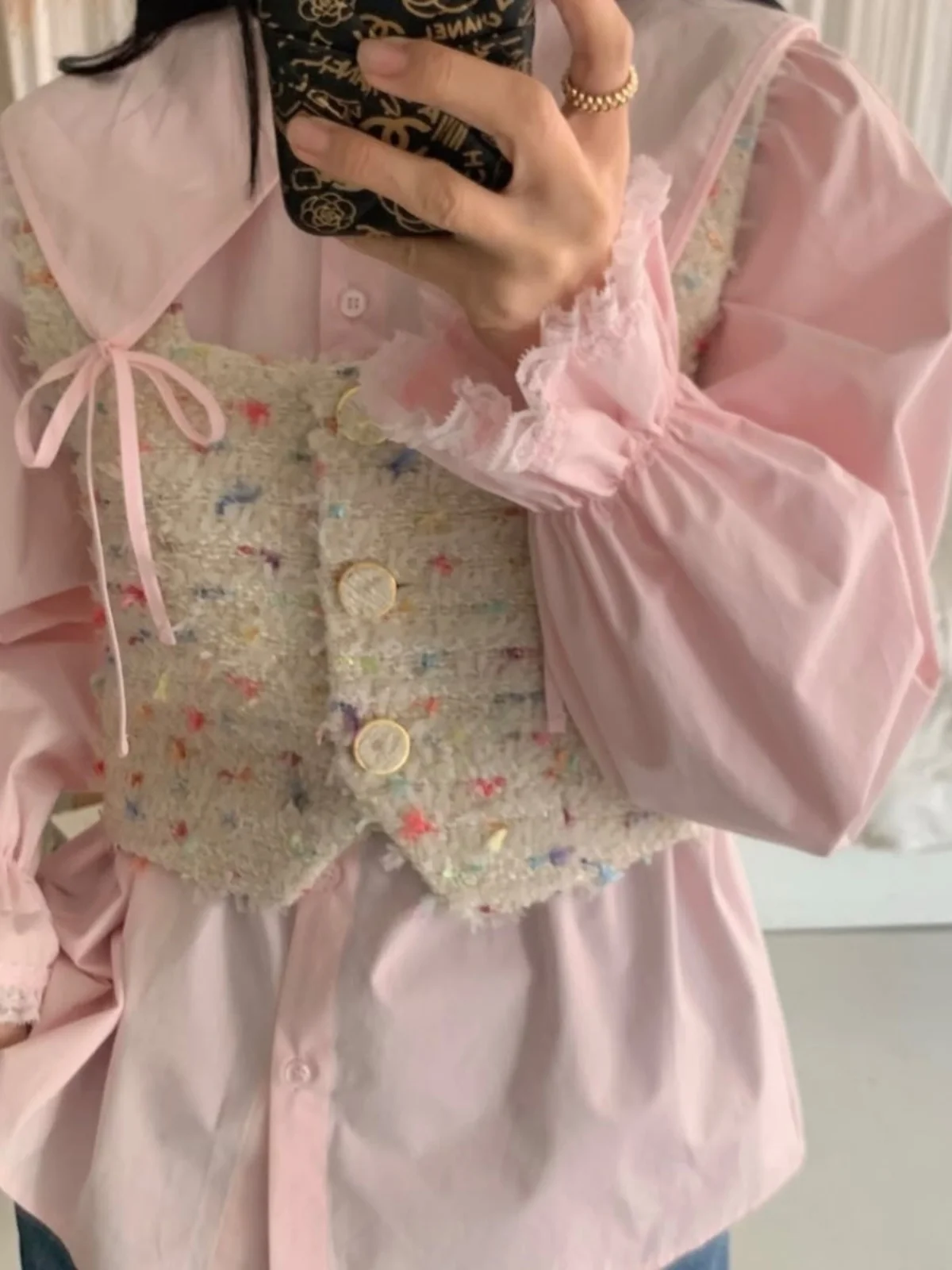 Primavera 2025 Camicetta da donna con nodo dolce e finiture in pizzo Coreano Sle Riduzione dell'età irt Bubble sciolto Sve