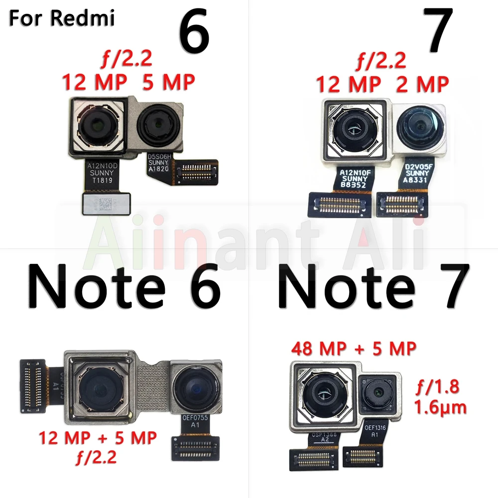 AiinAnt Small Front Camera For Xiaomi Redmi Note 6 6A 7 7A Pro Plus Main Big Rear Back Camera Module Ribbon Flex Cable