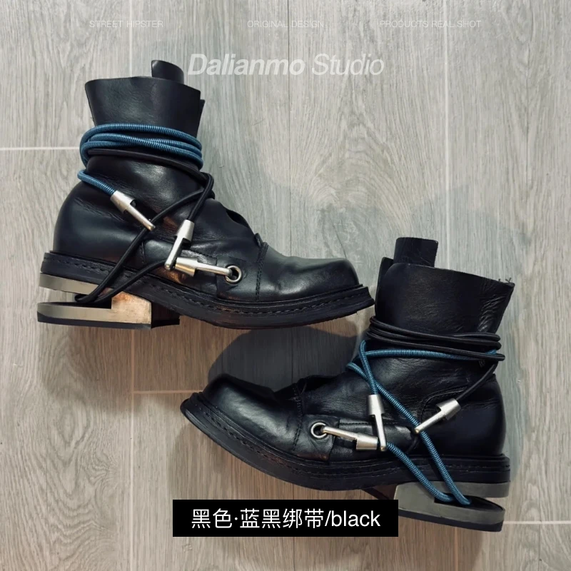 Retro Men's Genuine Leather Engineer Boots Strange Metal Chunky Heel Mid-Calf Round Toe Elastic Band Western Boots Women