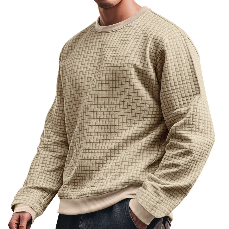 تي شيرت رجالي محبوك بسيط وغير رسمي برقبة دائرية وأكمام طويلة ونمط مربعات صغيرة لخريف وشتاء #1