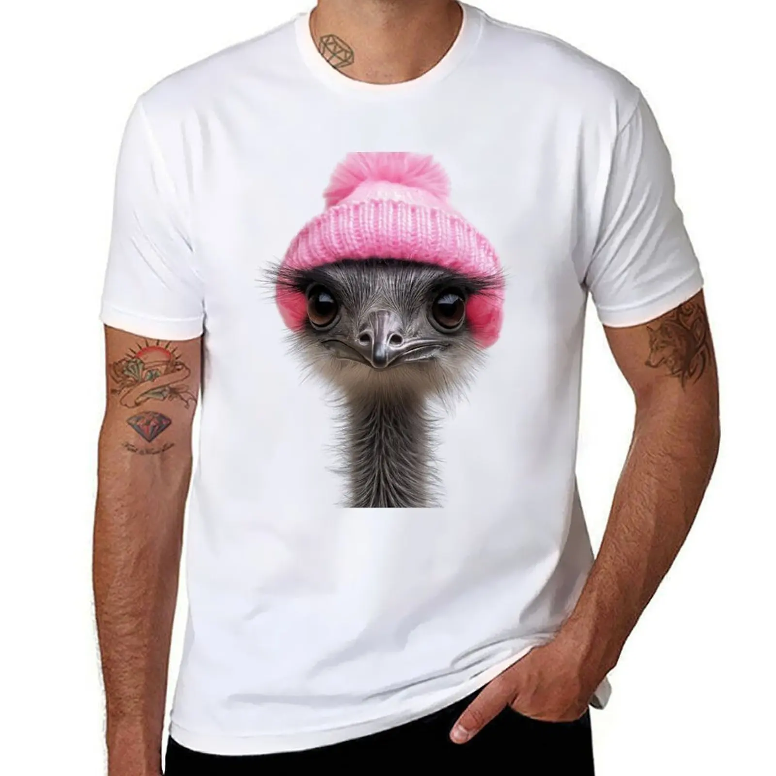 

Cozy Emu Wearing Pink Winter Hat Trendy Animal Fashion Artwork T-Shirt man t shirts for men funny t shirts man T-Shirt