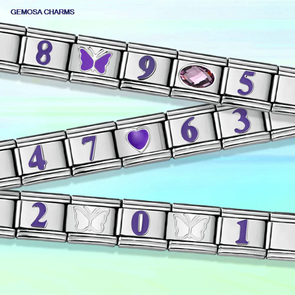 GEMOSA Fashion Purple Simple Number 0/1/2/3/4/5/6/7/8/9 Italian Charm Link Fit 9mm Stainless Steel Bracelet DIY Making Beads