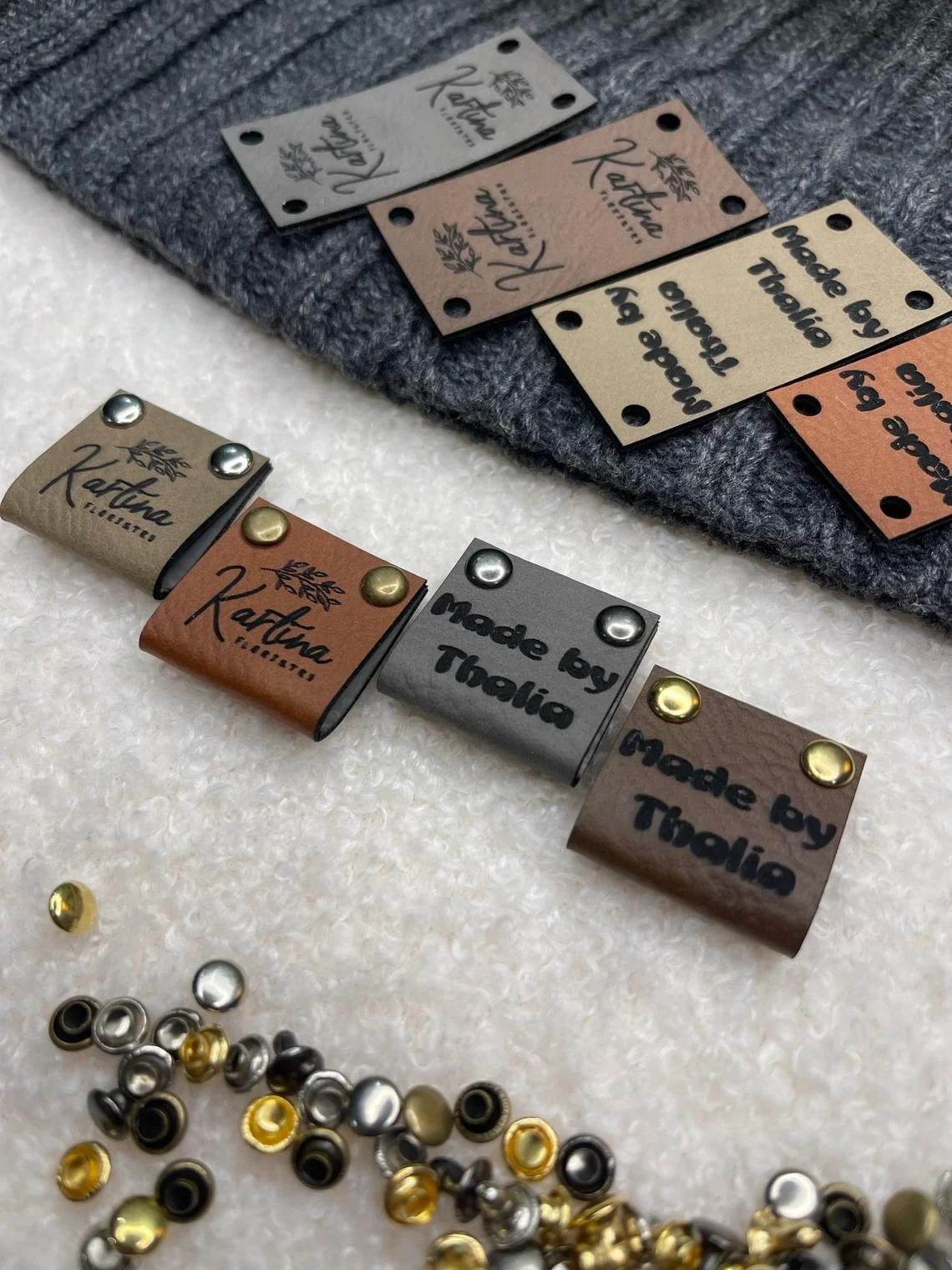 Customized 2 x 1 in Faux Leather Product Tags, SEW-ON Personalized Tags for Knitting and Crochet, Rivets Cute Labels Handmade It