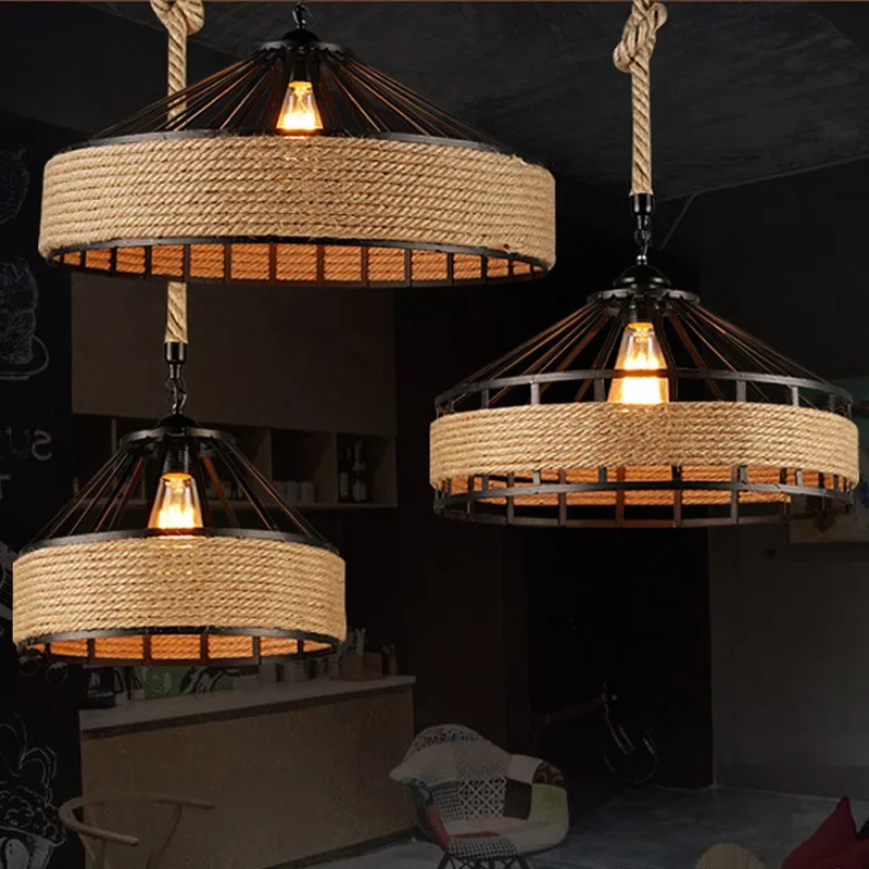 

Vintage Hemp Rope Pendant Light Classic Spanish Retro Ceiling Chandelier 30/40/60 Antique Industrial Iron Hanging Lamp