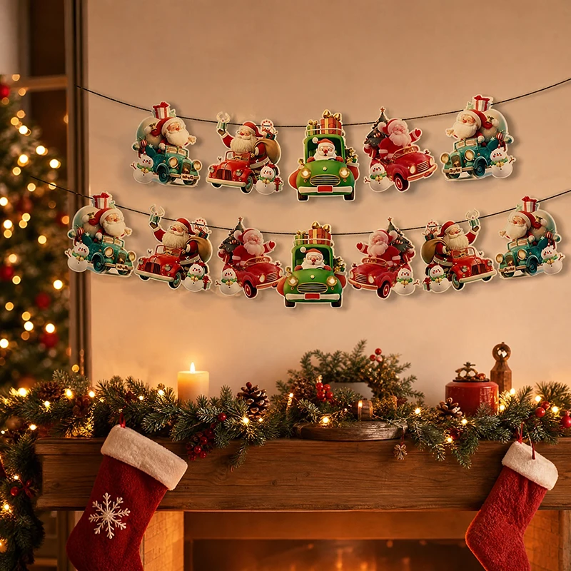 Cartoon Gifts Santa Claus Snow Man Merry Christmas Theme 2026 Party Wall Hanging Flags Banners for Family Holiday Decoration