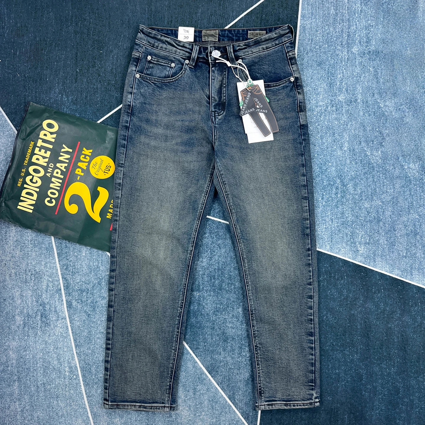 Retro blue jeans men's autumn trendy slim-fit small straight casual long pants versatile Japanese style thick