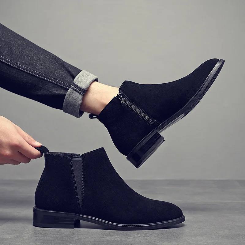 

Dress Shoes Business Boots Men's Retro Leather Outdoor Chelsea Boots 1-3cm Height-increasing Zipper PU Leather Mens Ankle Boots
