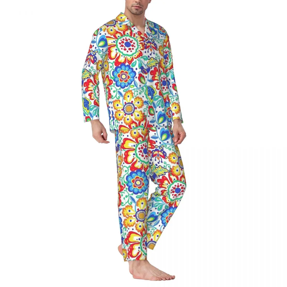 Pyjama à imprimé floral pour hommes, vêtements de nuit de chambre à coucher, ensemble de pyjama deux pièces, décontracté, manches longues, mignon, surdimensionné, trempé à la maison, art populaire