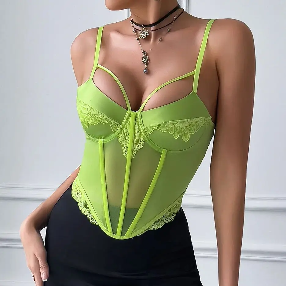 

Y2k Chic Fluorescent Lace-up Tops Women V-neck Camisole Sleeveless Corset Slim Vest Fashion Sexy Halter Lingerie Street Tank Top