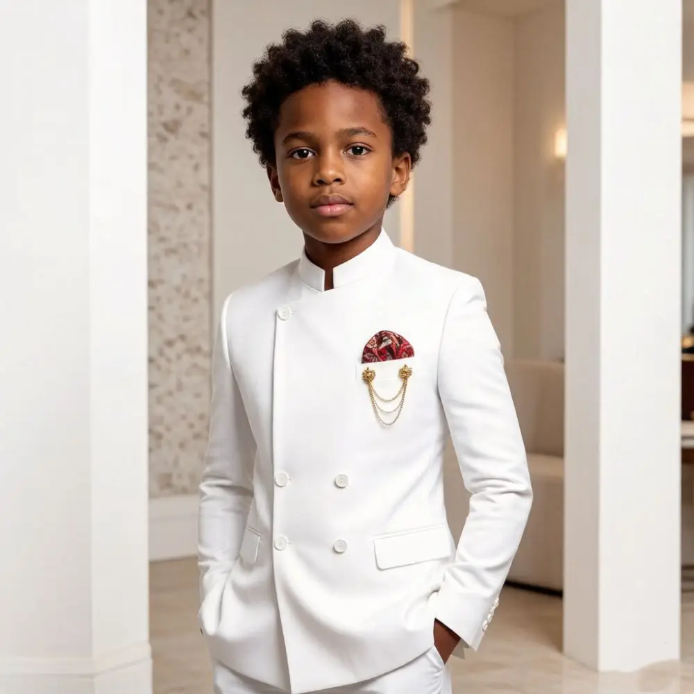 2 Pieces Child Outfits Tuxedo Stand Collar Double Breasted Suits Weddin Slim Fit Graduation Special Occasion Wear Tailor Made