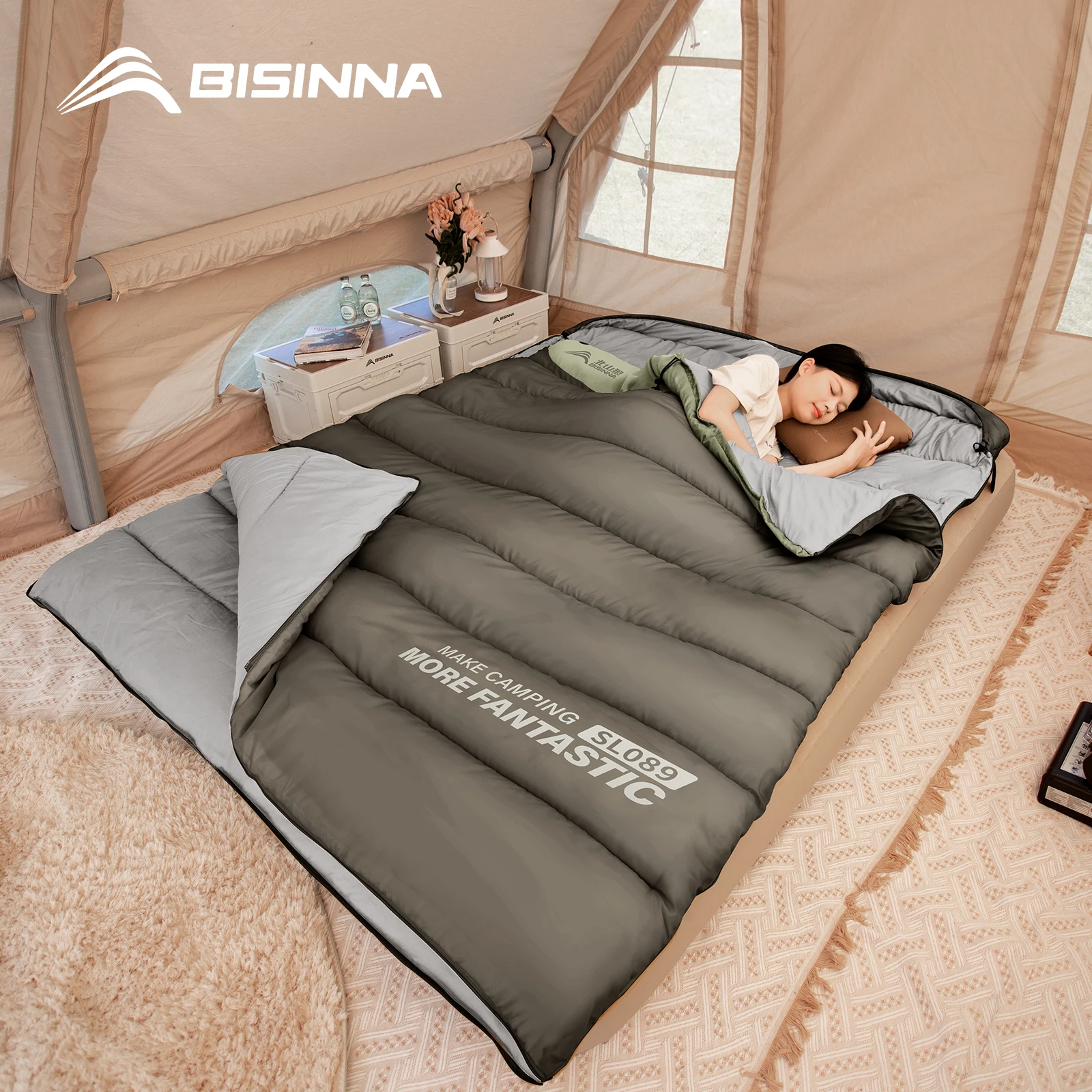 BISINNA Saco de dormir de acampamento para 2 pessoas Quatro estações Saco de dormir portátil de inverno para acampamento ao ar livre, viagens, caminhadas