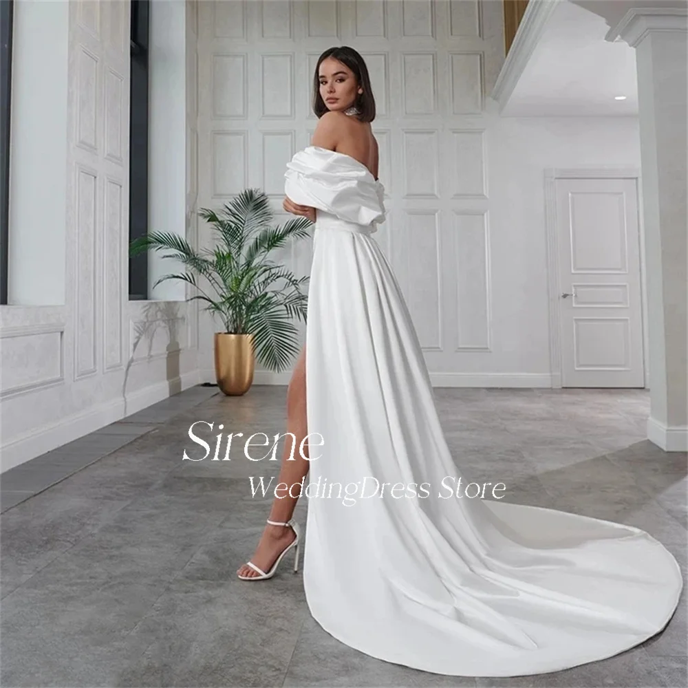 Sirene Eenvoudige High/Low-Off The Shoulder Afneembare Treinvlek Trouwjurken A-Line Strapless Vloerlengte Rugloze Bruidjurken