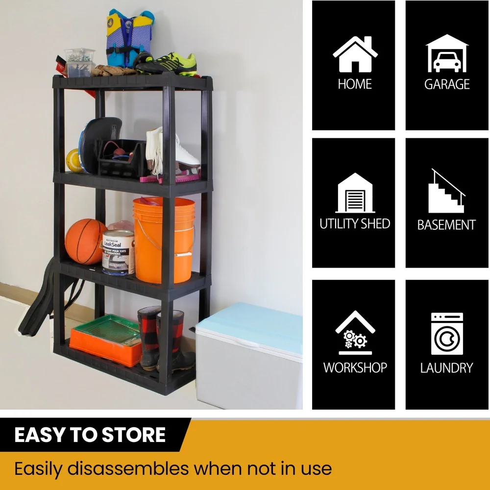 Multipurpose Plastic Garage Storage Rack 4-Tier Heavy-Duty Organizer Tool-Free Assembly Ventilated Shelves Space-Saving Design