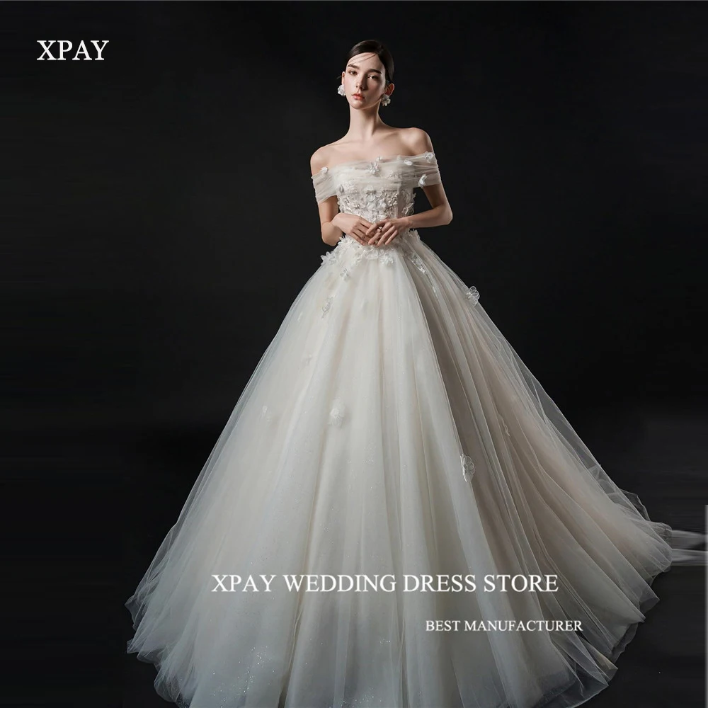 XPAY Princess off the shoulder A Line Korea Wedding Dresses 3D Flowers Tulle Bridal Gowns Fairy Bride Dress