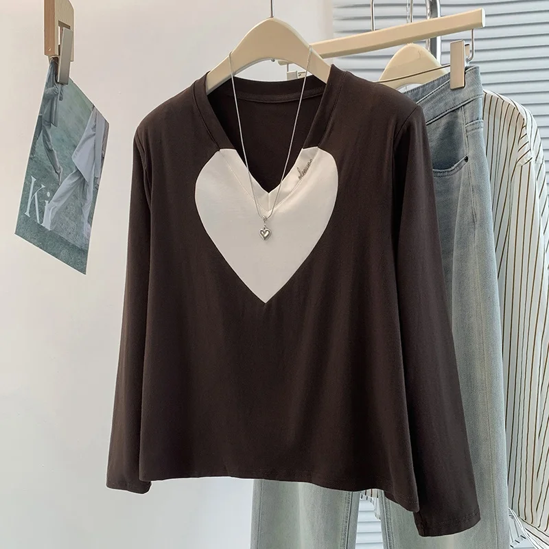 Autumn New Style Long Sleeve V-Neck T-Shirt Heart Splicing Versatile Design Cotton Blend Comfortable City Commute Top
