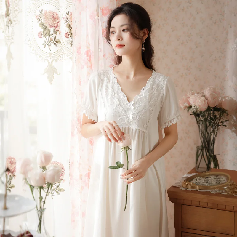 Women White Cotton Night Dress Victorian Nightgowns Vintage Sexy Lace Fairy Short Sleeve Peignoir Nightdress Princess Sleepwear