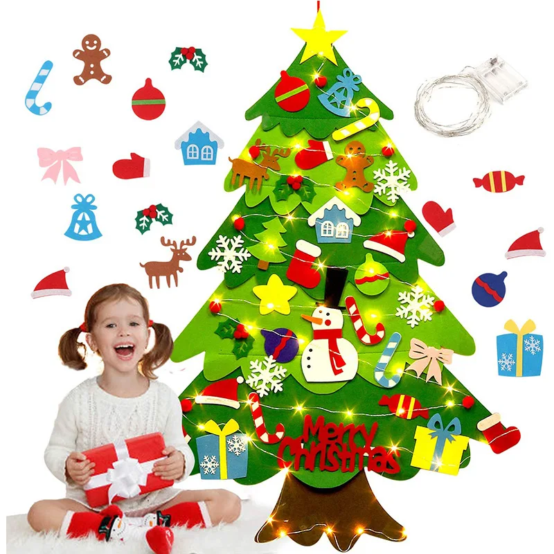 DIY Felt Christmas Tree, DIY Christmas Tree with LED String Lights for Kids Xmas Gifts Christmas Decor New Year Party Supplies