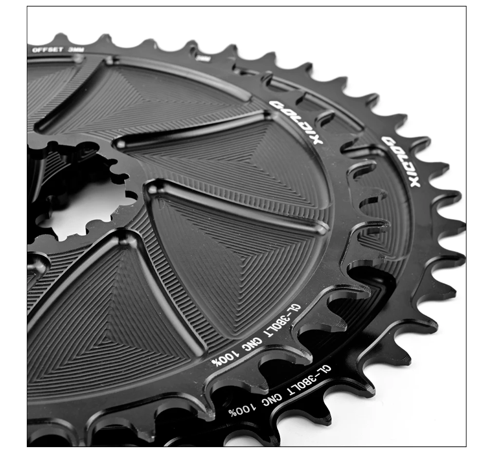 GOLDIX 3-Bolzen 3mm Offset Fahrrad-Kettenblatt mit breiten und schmalen Zähnen, AERO-Kettenblatt, CNC-Hohlschnitt-Bearbeitung für 3-Bolzen-Kurbelgarnitur – Detail 7