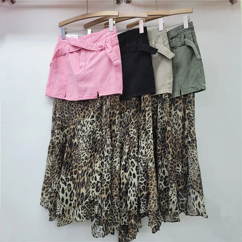 WTHT Trendy Women's Patchwork Leopard Mesh Denim Skirts 2024 Winter Fashion Cross Belt Design Long Skirt Female 1LS478