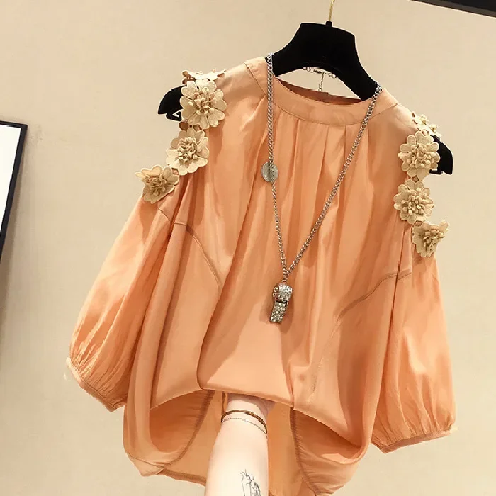 Flower strapless short-sleeved round neck shirt female 2023 summer new Korean version of loose large yards of pure color casual