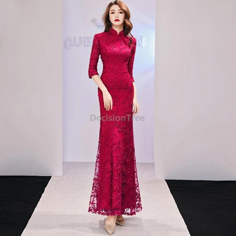 

2025 advanced sense temperament lady banquet cheongsam trendy lace elegant women's party qipao improved fishtail evening dress