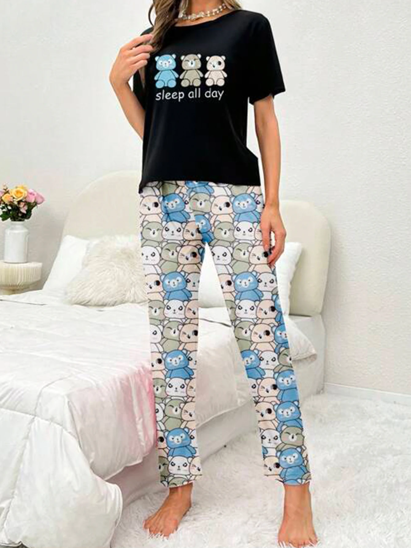 Cartoon Bear Slogan Print Women Pajamas Set Round Neck Short Sleeve Top Elastic Pants Ladies Sleepwear Loungewear Set