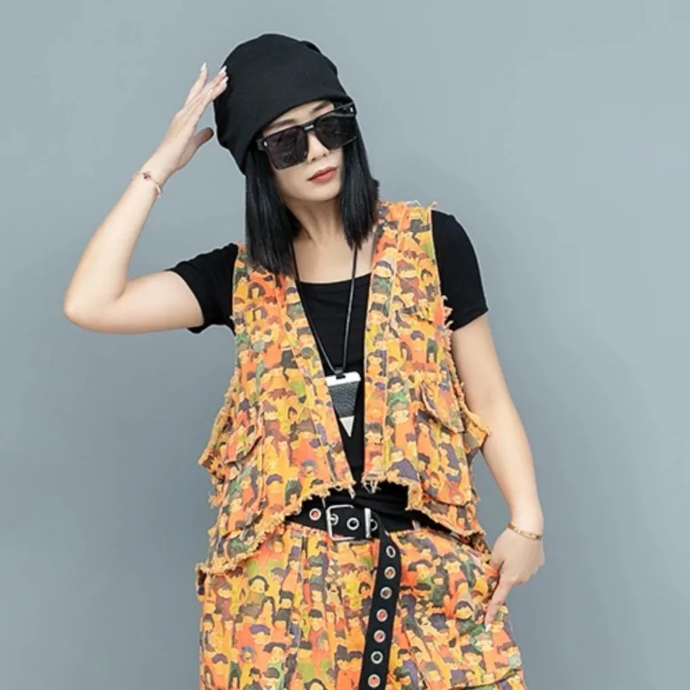 

Personalized Cool Irregular Printed Denim Vest Women 2024 Summer Fashion Vest LX1596