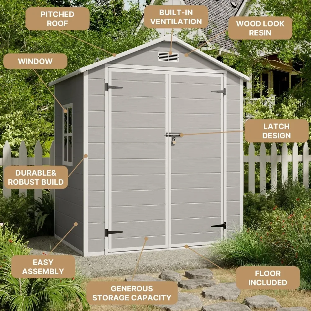 utdoor Storage Shed, 6x4 FT Resin Shed with Floor, Plastic Garden Tool Sheds with Lockable Door for Patio Backyard Lawn Pool